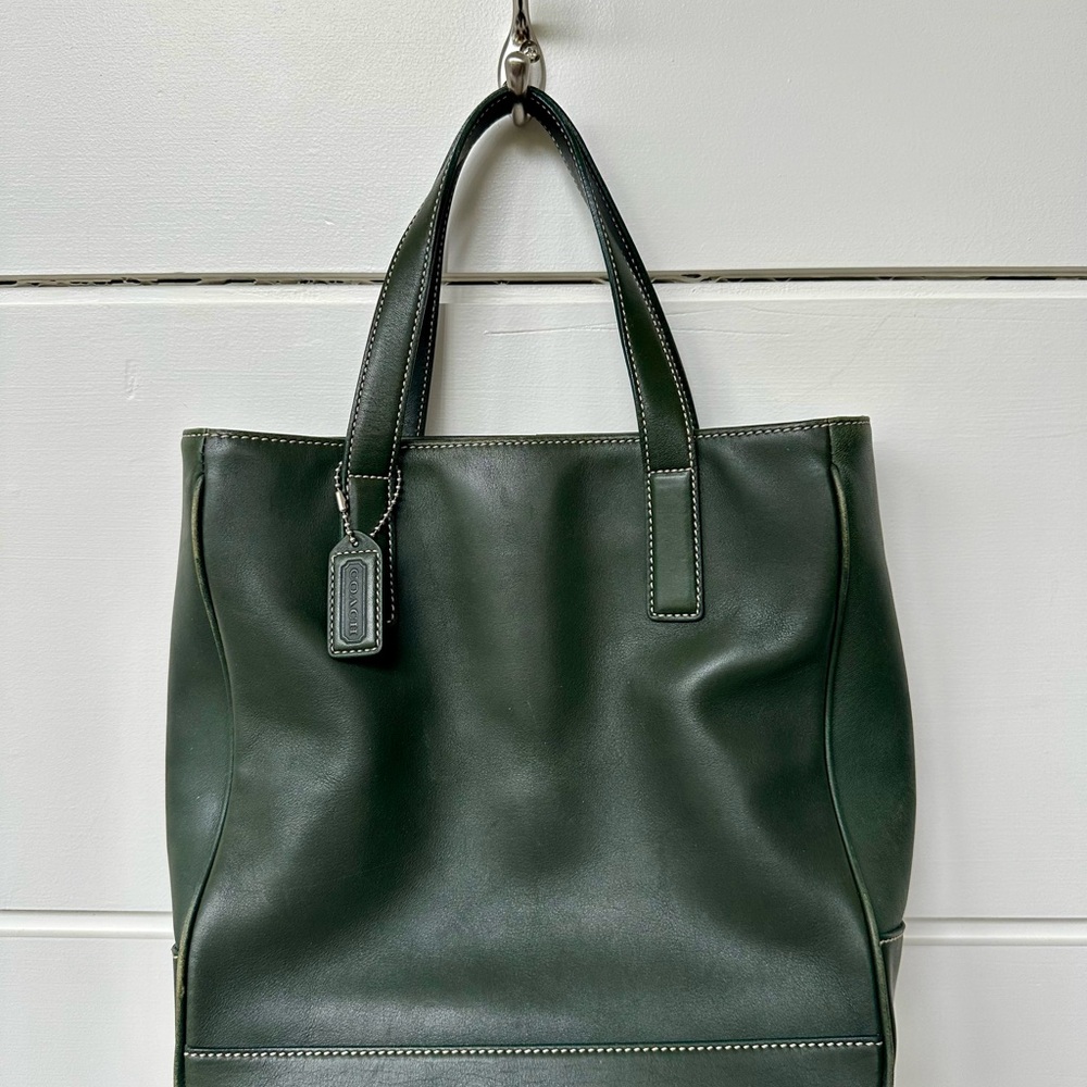 Coach Olive Green Leather Tote with Maroon Interior